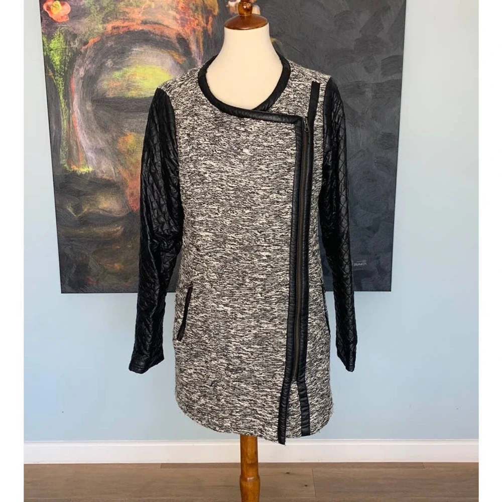 Anthropologie Cartonnier S Black Tweed Vegan Leather Sleeve Tela Moto Jacket - Picture 2 of 4